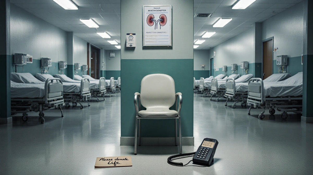 Empty hospital beds line a harsh hallway with a single chair and organ donation table showing the urgent need for kidney dono