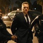 Kiefer Sutherland being led away in handcuffs by LAPD officers with black ride-share vehicle on Sunset Boulevard