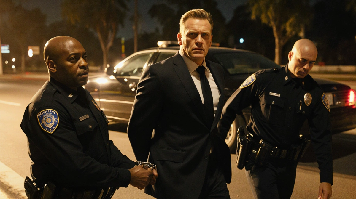 Kiefer Sutherland being led away in handcuffs by LAPD officers with black ride-share vehicle on Sunset Boulevard