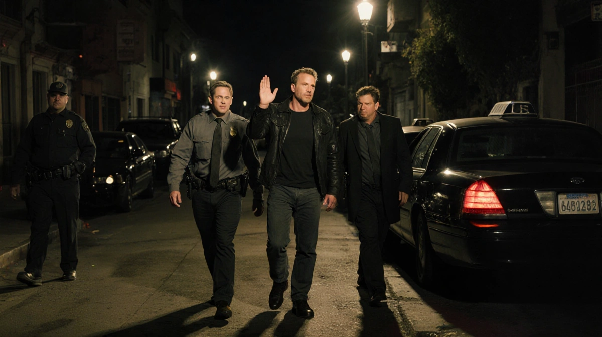 Kiefer Sutherland surrendering to ride-share drivers with cars parked at angles under flickering alley lights