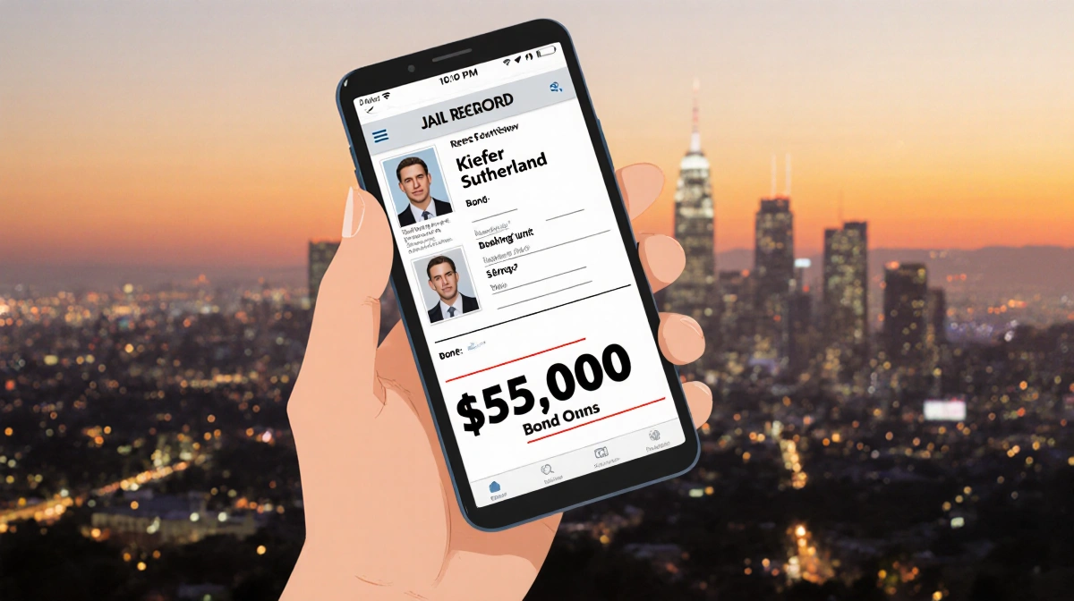 Hand holding smartphone showing jail records with Kiefer Sutherland booking details and $50,000 bond amount with blurred Holl