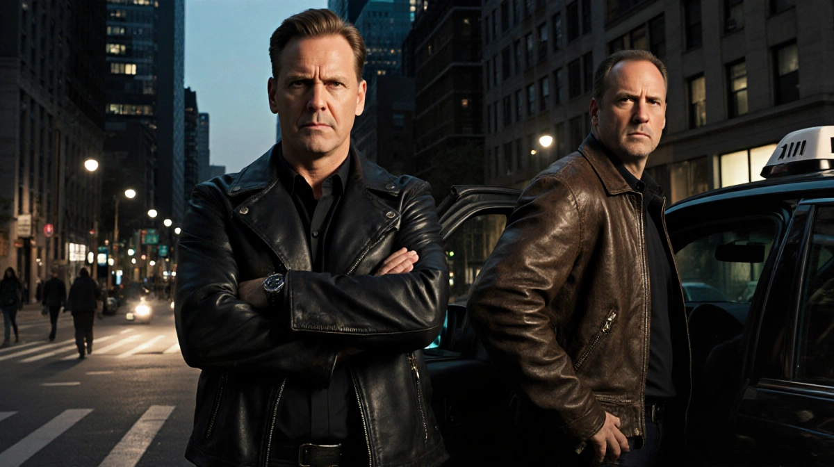Kiefer Sutherland confronts a ride-share driver with arms crossed and narrowed eyes beside an open taxi at dusk