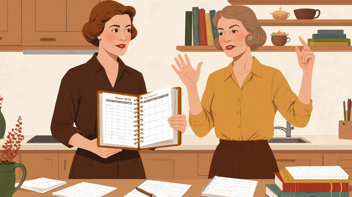 Two women planning their homeschool academy with calendar and books showing determination and friendship