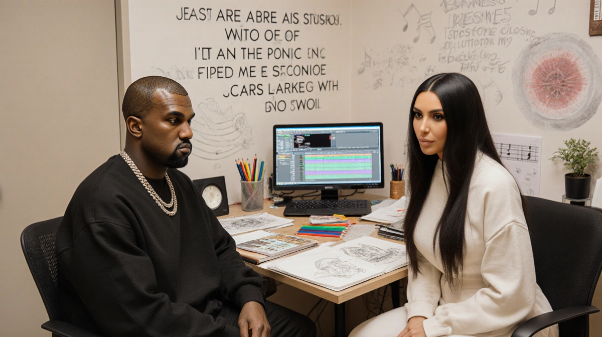 Kim Kardashian and Kanye West sitting together in music studio with North's creative desk and production laptop between them