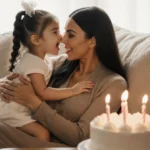 Kim Kardashian cuddling Chicago on couch with birthday cake on table behind them