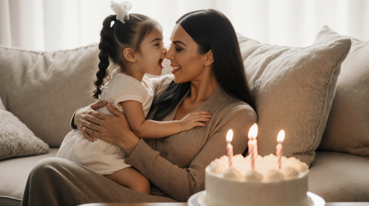 Kim Kardashian cuddling Chicago on couch with birthday cake on table behind them
