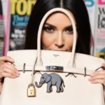 Kim Kardashian holding Hermès Birkin bag with elephant lock and fashion magazines in background