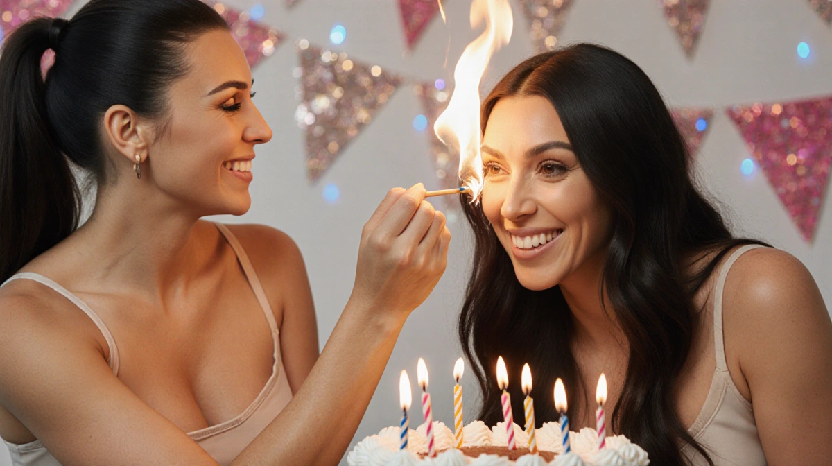 Kim Kardashian laughing as Allison Statter's hair catches fire from birthday match with cake behind them