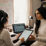 Kim Kardashian hands North a tablet with homeschool curriculum while they sit together in a cozy home office with music gear