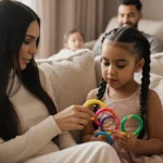 Kim Kardashian sits on couch with North West braiding colorful crown and blurred family members in background