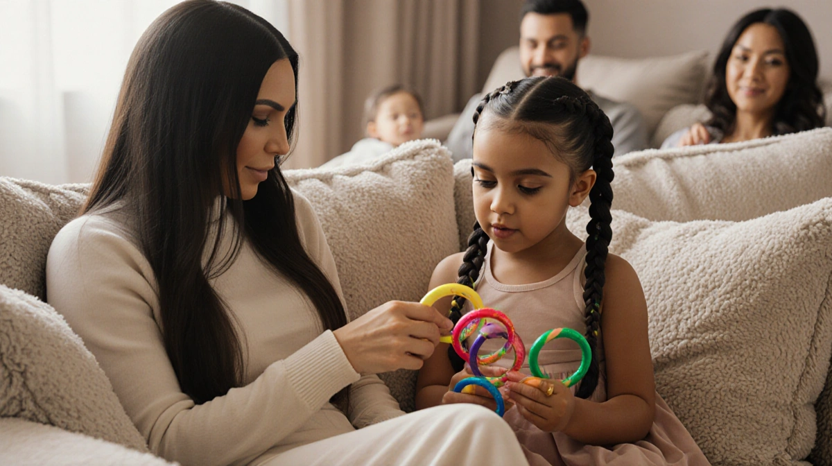 Kim Kardashian sits on couch with North West braiding colorful crown and blurred family members in background