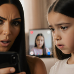 Kim Kardashian interrupting her daughter North during an Instagram Live with a surprise expression and warm lighting