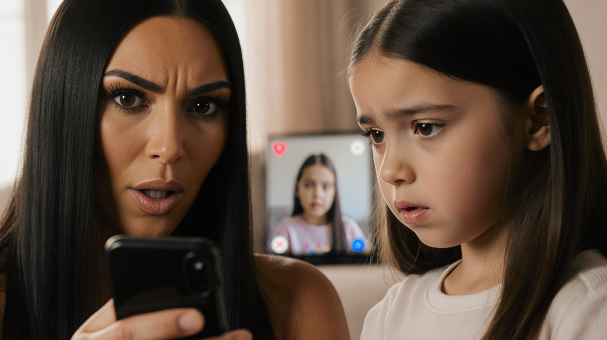 Kim Kardashian interrupting her daughter North during an Instagram Live with a surprise expression and warm lighting