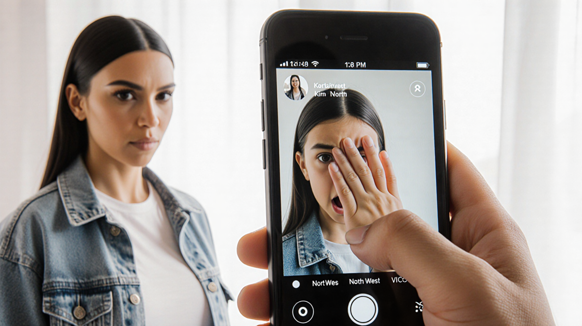 North West covering her face with a hand while Kim Kardashian smiles and a smartphone screen shows a live stream chat
