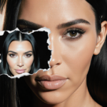 Kim Kardashian’s face is lit softly with a torn fragment of Kourtney Kardashian overlaying her features in a blurred studio.