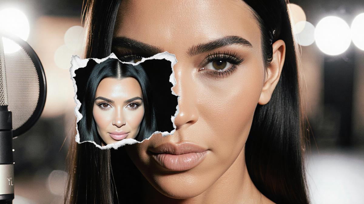 Kim Kardashian’s face is lit softly with a torn fragment of Kourtney Kardashian overlaying her features in a blurred studio.