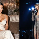 Kim Kardashian relaxes on plush couch with Taylor Swift performing near microphone and stage lights