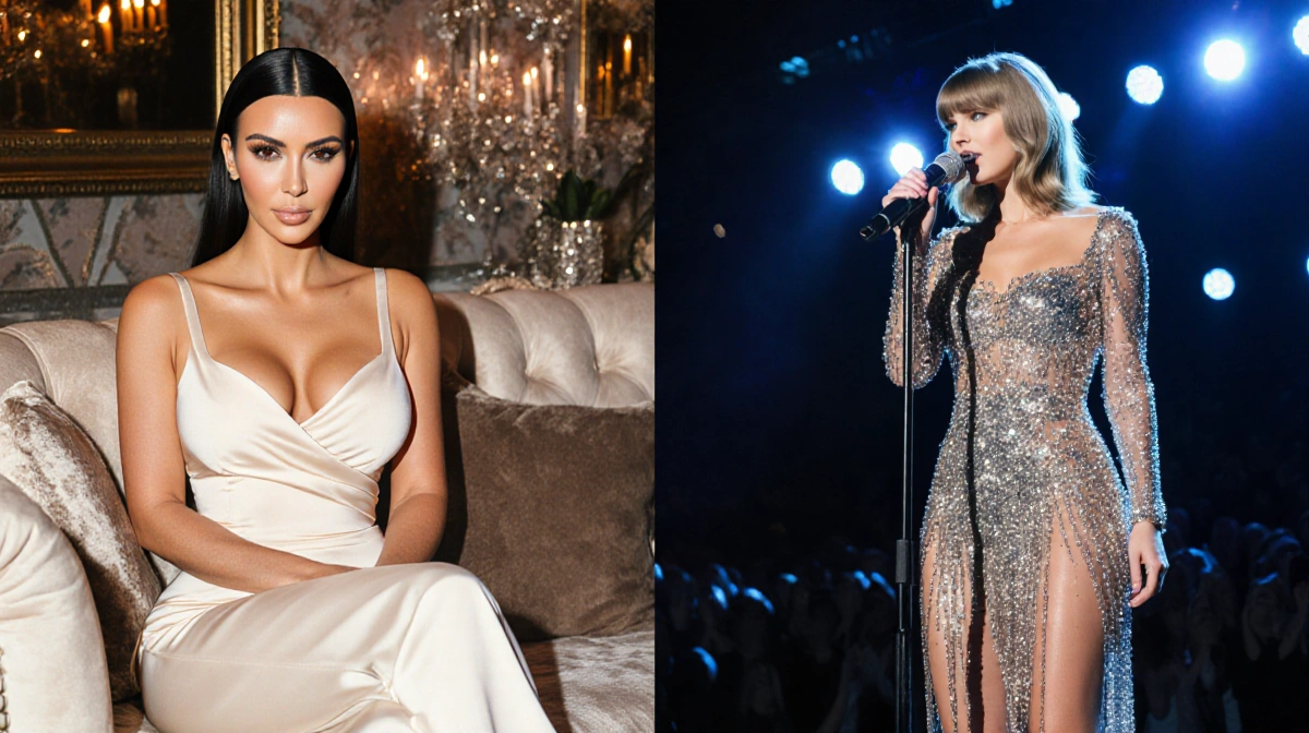 Kim Kardashian relaxes on plush couch with Taylor Swift performing near microphone and stage lights