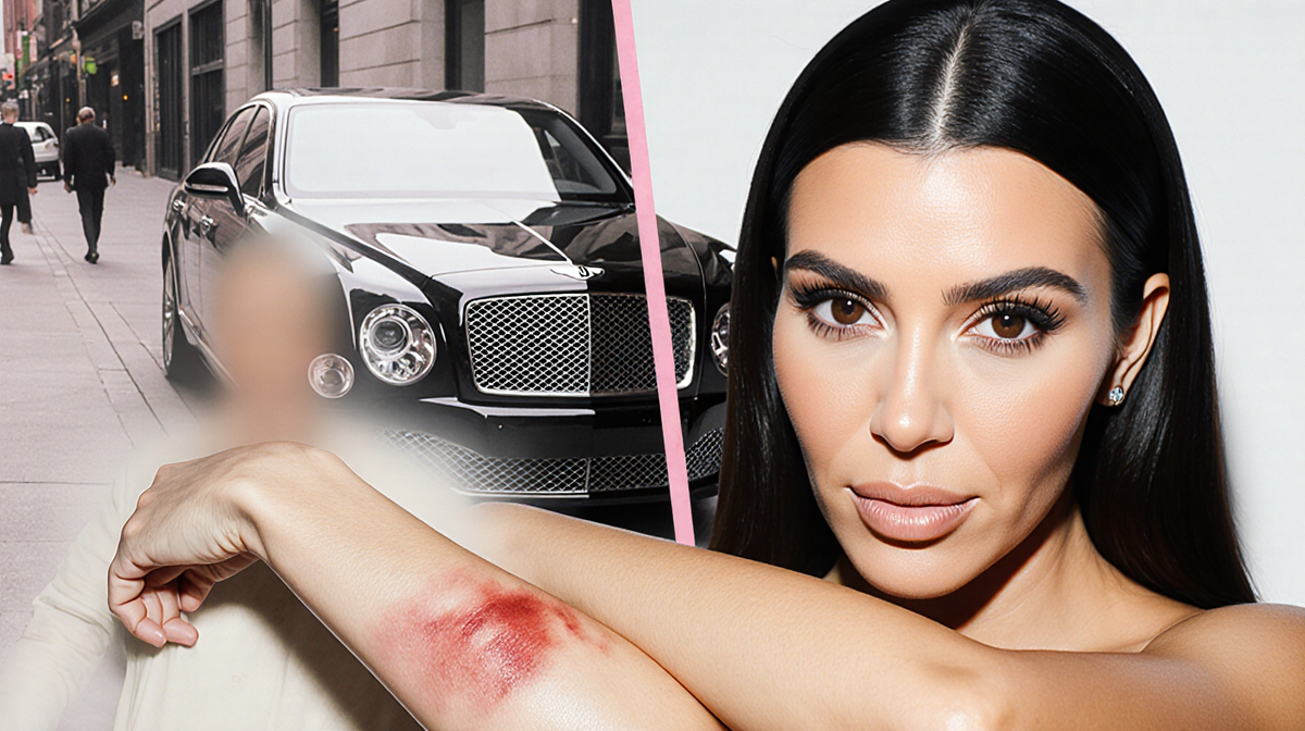 Kim Kardashian and Kourtney posing side by side with blurred faces and a faint Bentley in background showing an arm bruise.