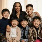 Kimora Lee Simmons laughing with her five children in a sun-filled living room with plants and wooden furniture
