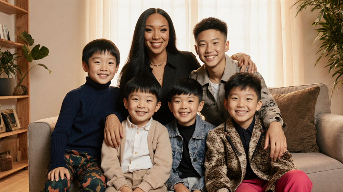 Kimora Lee Simmons laughing with her five children in a sun-filled living room with plants and wooden furniture