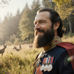 King Charles III standing as monarch in a lush meadow with dappled sunlight and gentle wildlife nearby.