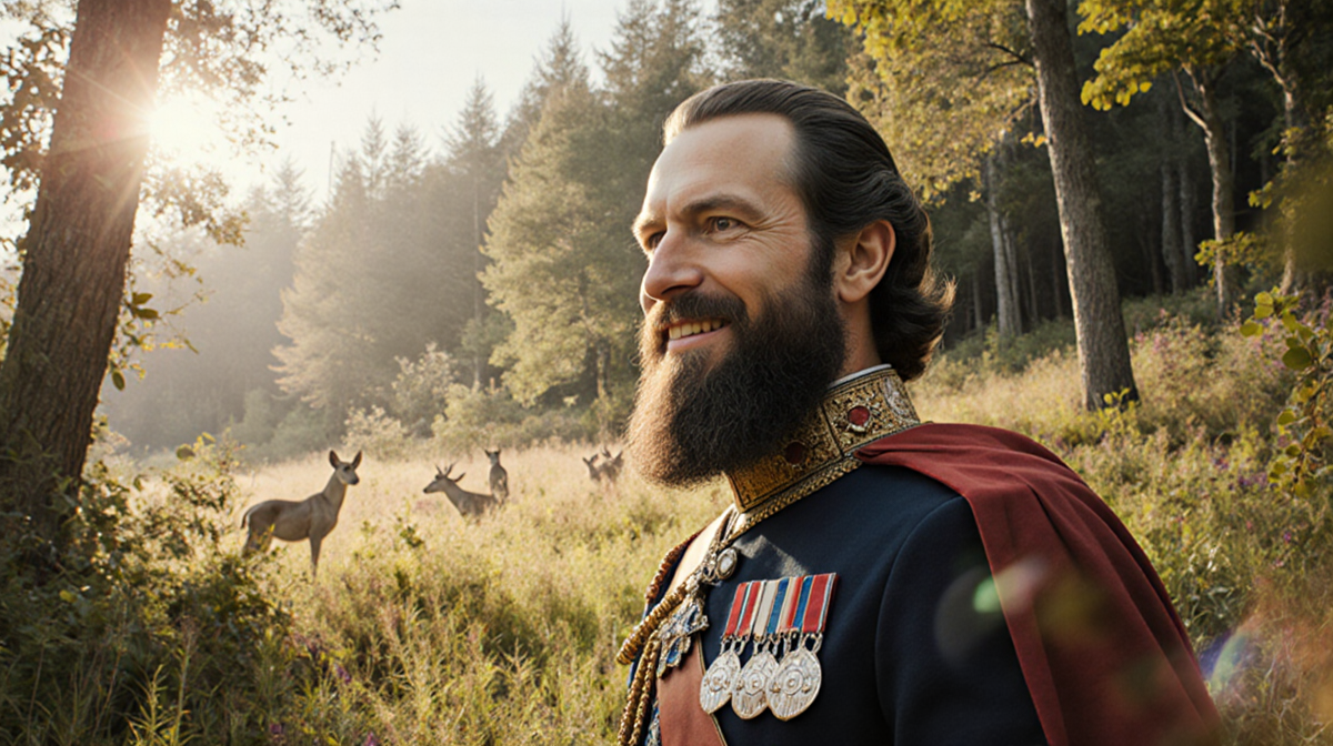 King Charles III standing as monarch in a lush meadow with dappled sunlight and gentle wildlife nearby.