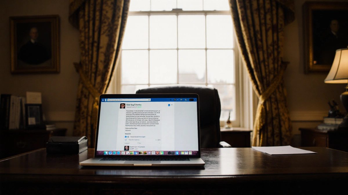 King Charles looking at laptop screen with embarrassing social media message visible on royal office desk