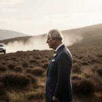 King Charles stands alone on Scottish moor with car driving away into distant heather hills