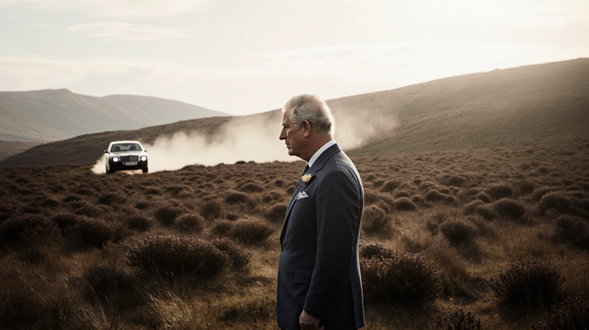 King Charles stands alone on Scottish moor with car driving away into distant heather hills