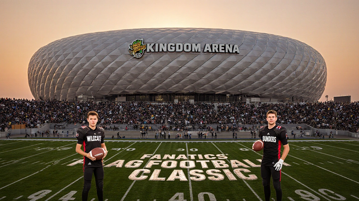 Jayden Daniels and Tom Brady face off on Kingdom Arena field with Fanatics Flag Football Classic logo and sunset crowd