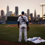 Kirby Yates standing alone with worn baseball glove and faded Dodgers jerseys on ground near Los Angeles skyline