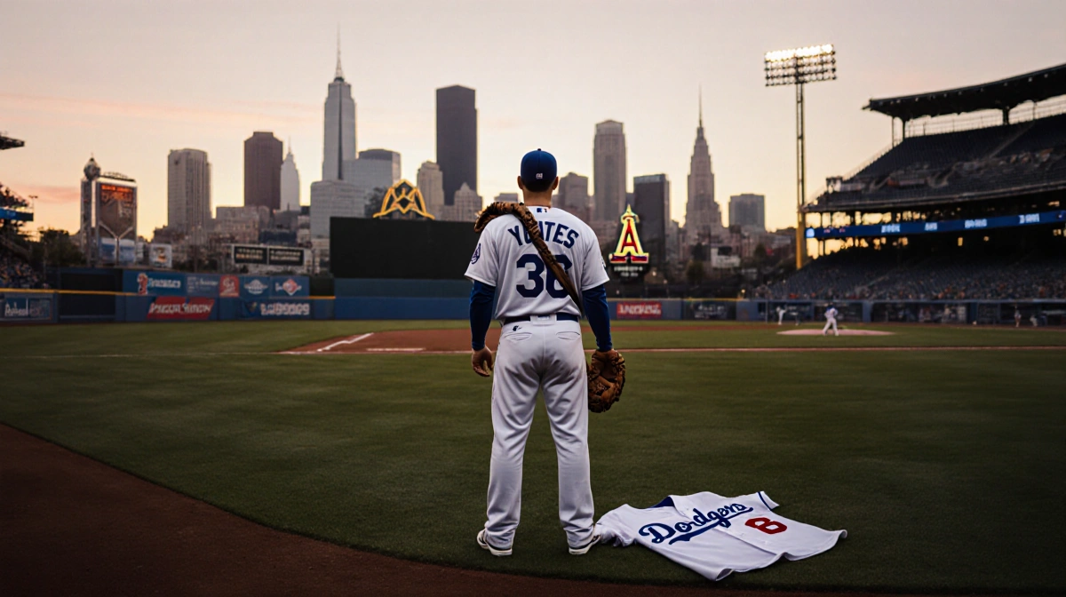 Kirby Yates standing alone with worn baseball glove and faded Dodgers jerseys on ground near Los Angeles skyline