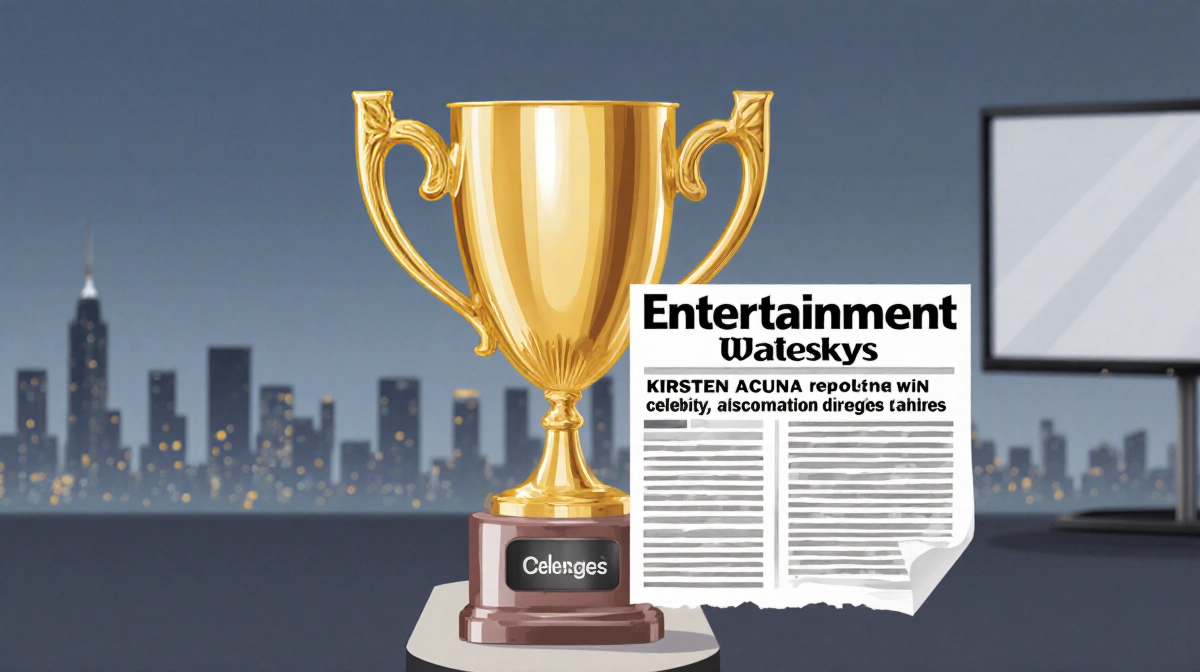 Gold trophy stands on pedestal with entertainment newspaper clipping showing Kirsten Acuna's journalism award win with Los An