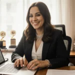 Entertainment journalist Kirsten Acuna writing article on laptop with awards and books on desk