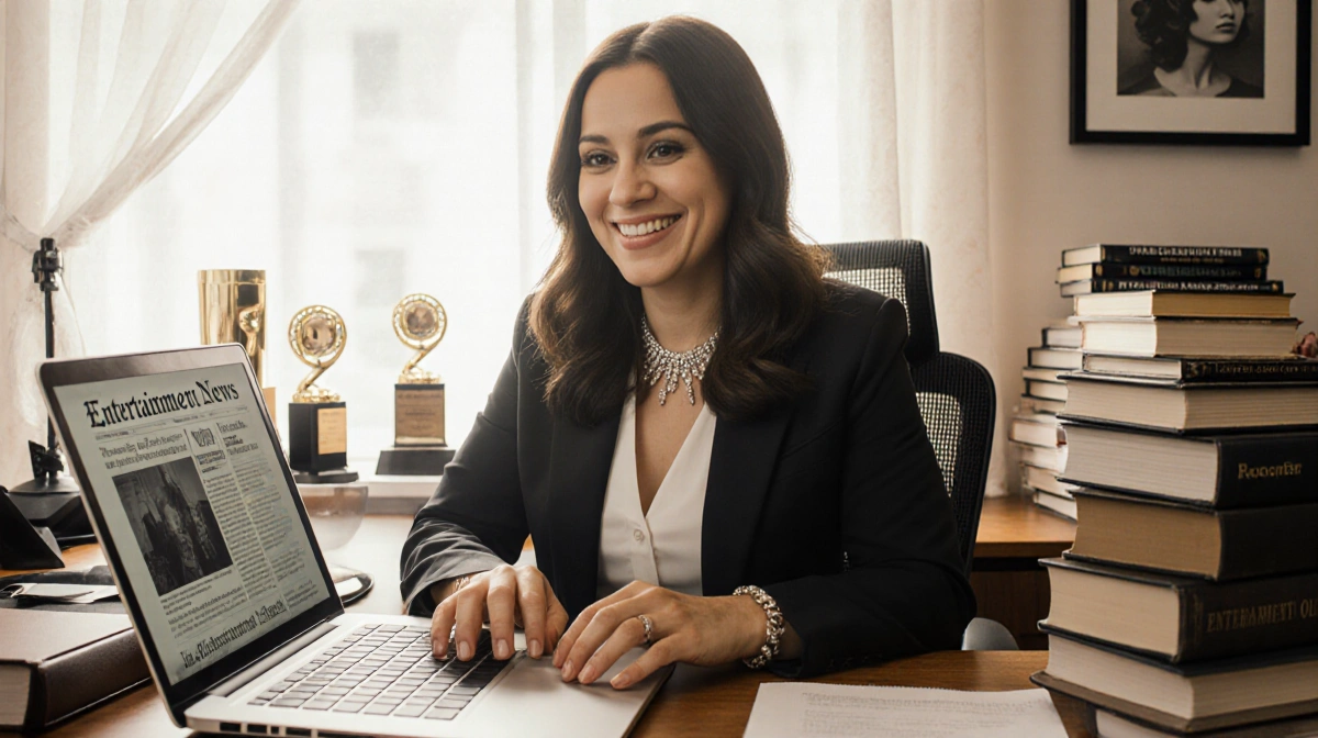 Entertainment journalist Kirsten Acuna writing article on laptop with awards and books on desk
