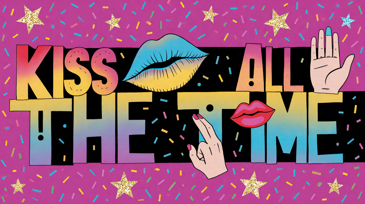 Bold album title Kiss All the Time kissing punctuation marks with bright lips and glittering disco stars.