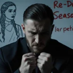 Kit Harington sits with clenched fists and dismayed expression with Daenerys whiteboard showing Redo Season 8 behind him