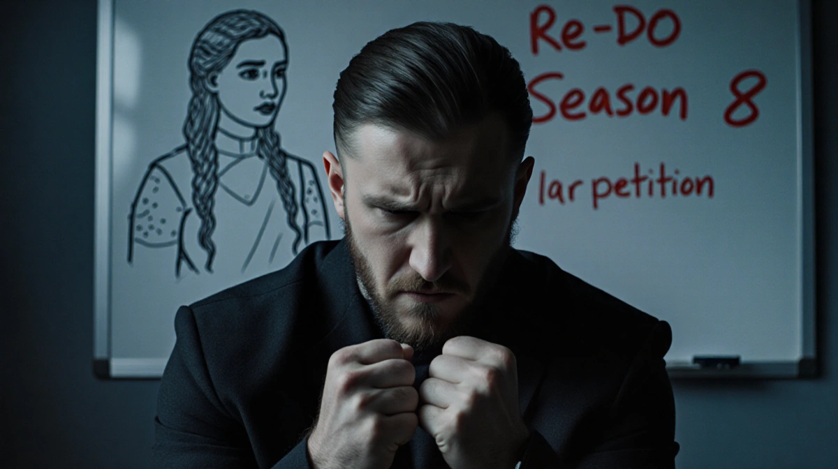 Kit Harington sits with clenched fists and dismayed expression with Daenerys whiteboard showing Redo Season 8 behind him