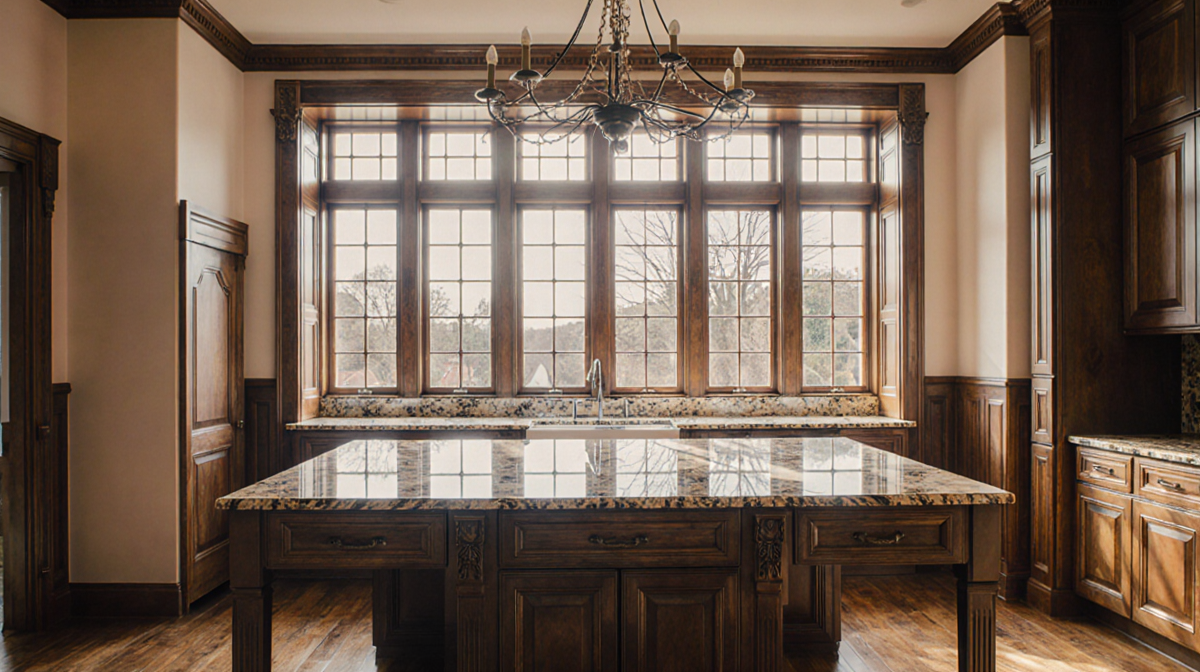 Kitchen island gleaming with natural light from ornate windows and detailed moldings in background