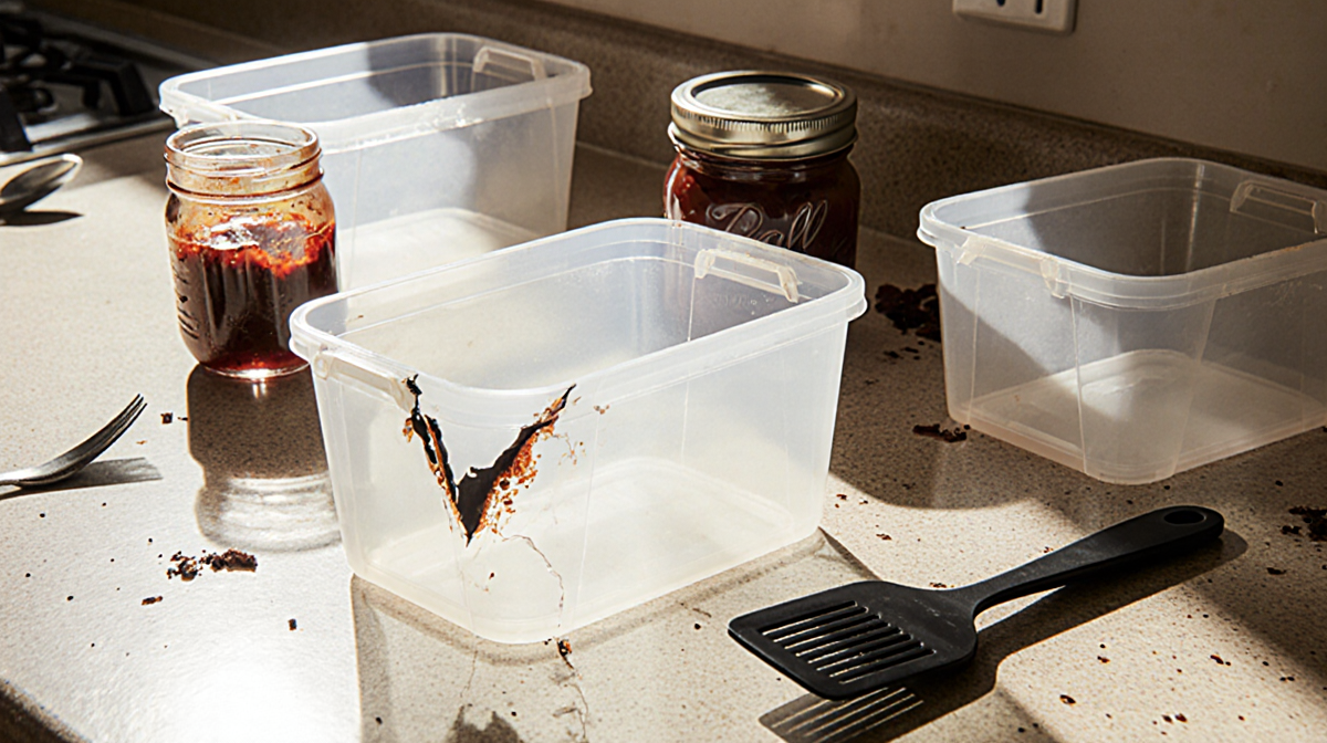 Spatula lying beside cracked plastic container with jam spilling cluttered kitchen and warm light highlighting worn surfaces
