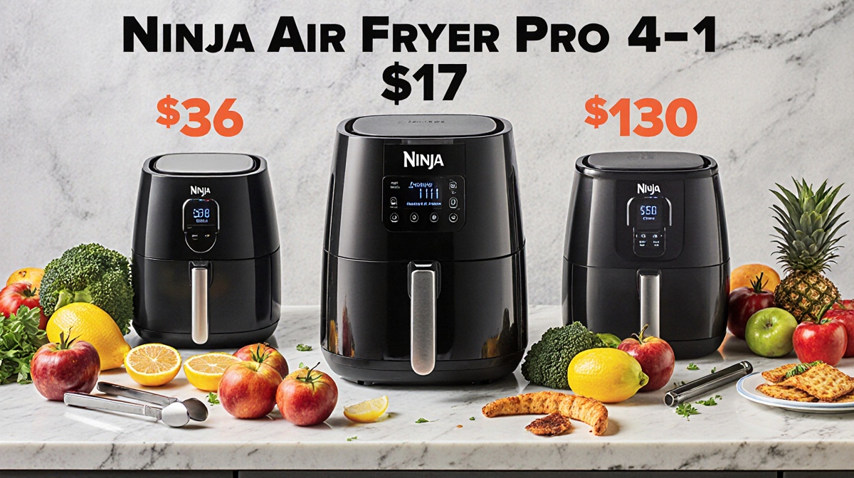 Ninja Air Fryer Pro 4-in-1 displaying sale price with fresh produce around and colorful kitchen background