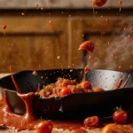 Shattered cast iron skillet lies on counter with sauce splattered everywhere and tomatoes scattered across warm golden kitche