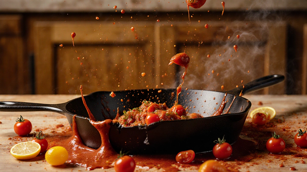 Shattered cast iron skillet lies on counter with sauce splattered everywhere and tomatoes scattered across warm golden kitche