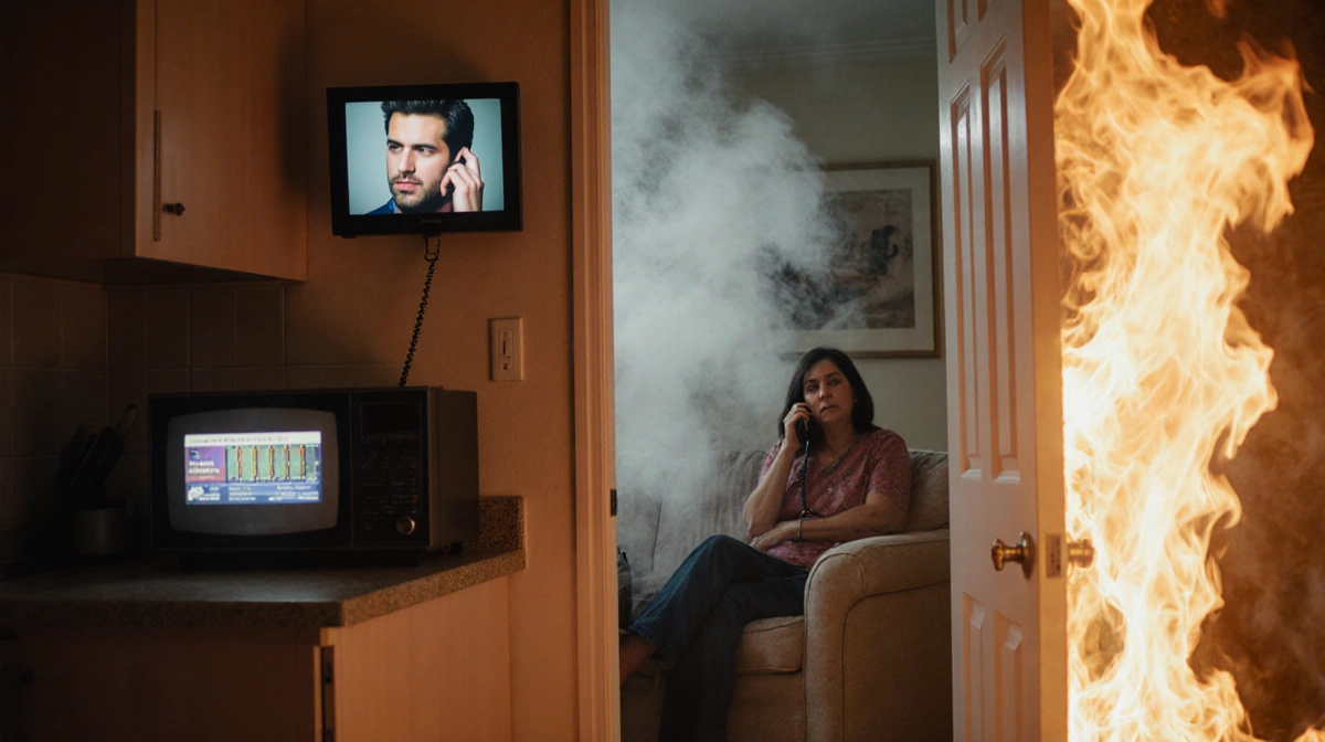 Mother on couch holding phone with kitchen fire showing orange glow and smoke behind door