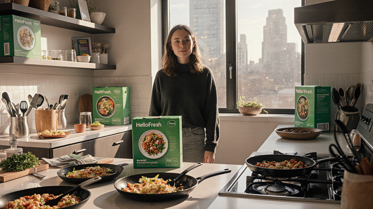 Author standing in home kitchen with HelloFresh boxes and home cooking and city view through window