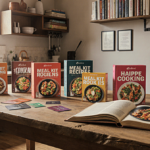 Open cookbook revealing a mouthwatering dish being prepared with colorful meal kits on a wooden table and warm kitchen light.