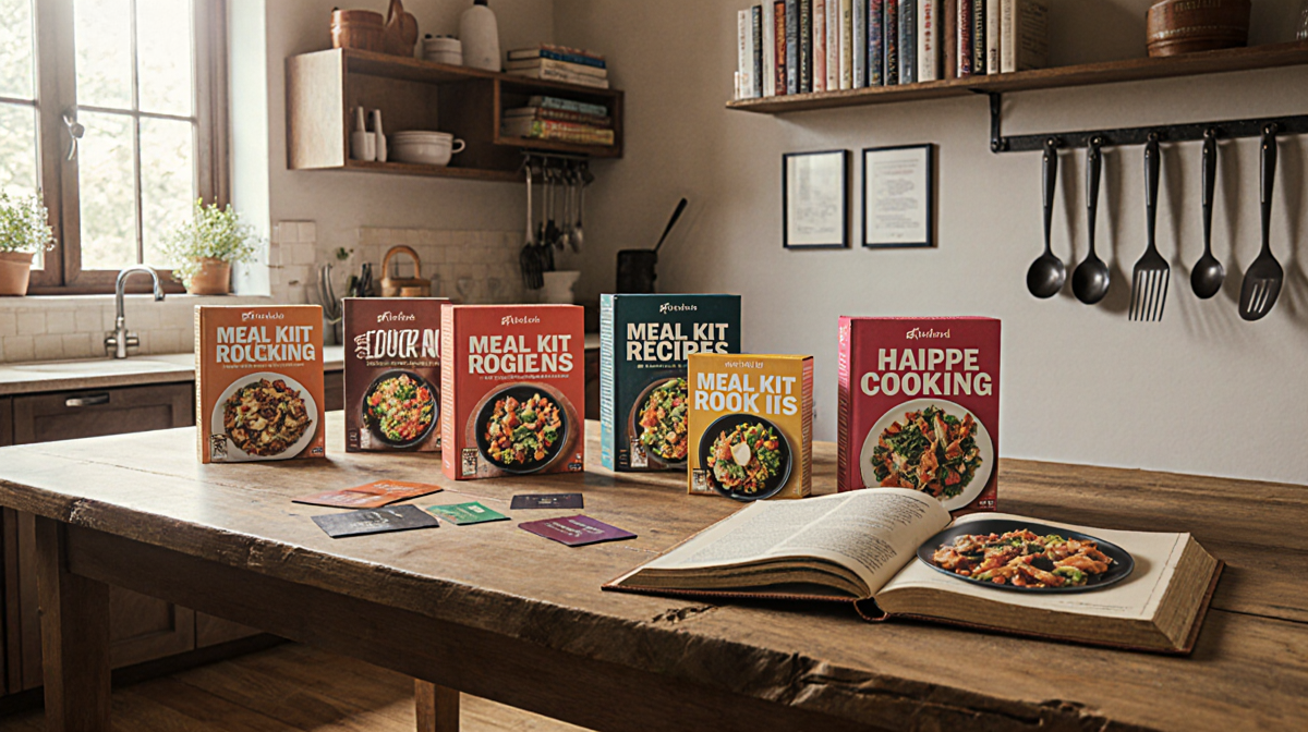 Open cookbook revealing a mouthwatering dish being prepared with colorful meal kits on a wooden table and warm kitchen light.