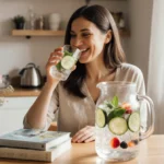 Mom sipping fresh infused water with cucumber mint and berries on warm kitchen table in morning light.