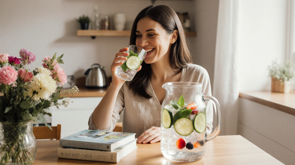 Mom sipping fresh infused water with cucumber mint and berries on warm kitchen table in morning light.